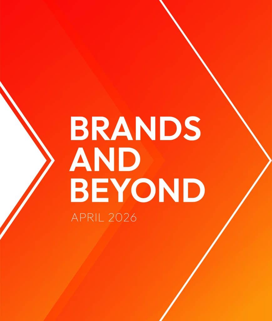 Oranje grafische afbeelding met de tekst 'Brands and Beyond April 2026'.